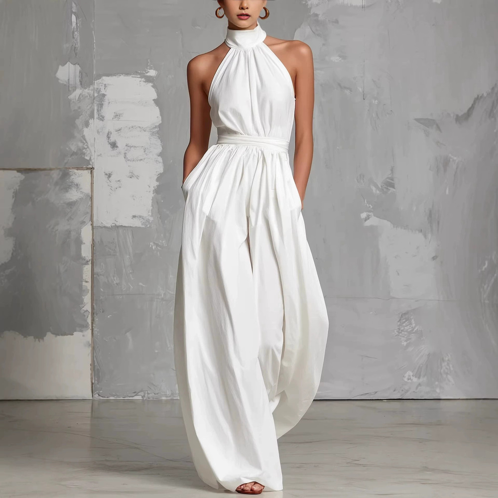 H&M White Elegant Pleated Waist Cinched Jumpsuit for Women